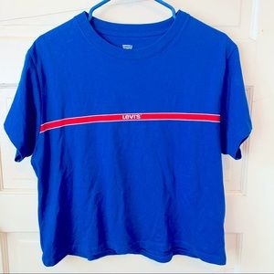 Levi's Royal Blue Red Logo Stripe Crop Crew Neck T-Shirt 100% Cotton Small